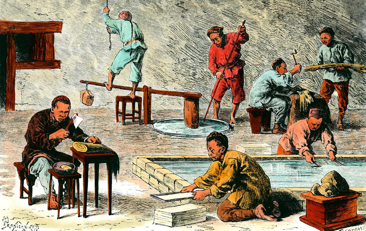 Paper making in China: different stages of production of paper sheets from the bark. Drawing by Ivan Pranishnikoff (19th century) by Ivan Pranishnikoff