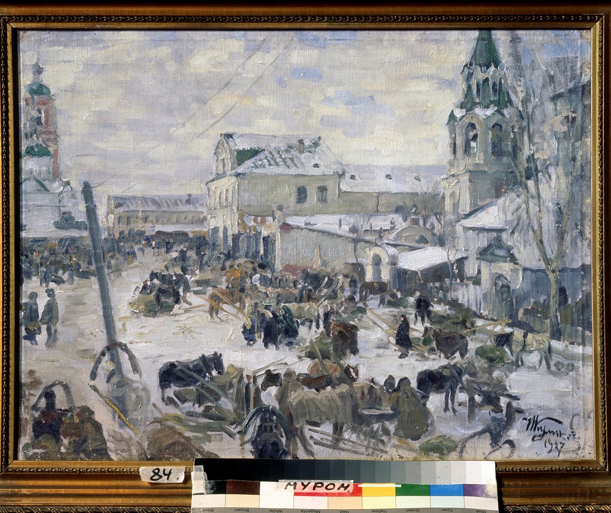 A Church in Murom. Description of a street in the city, under the snow, with daily animation, horse-drawn carriages. by Ivan Semyonovich Kulikov