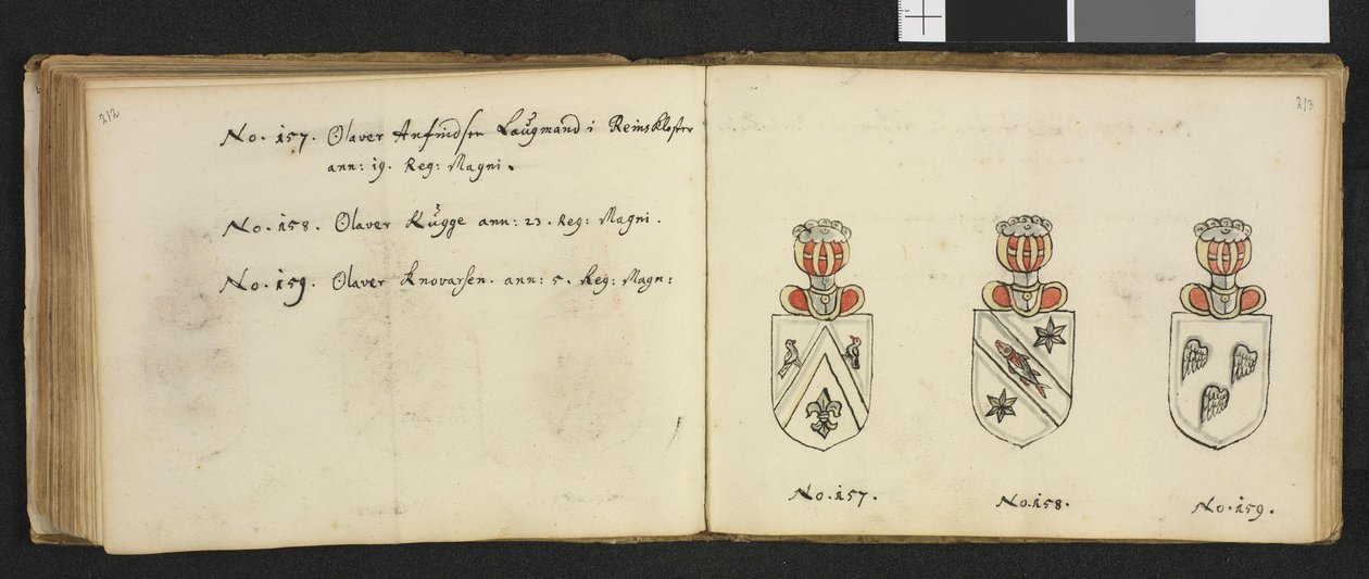 Illustration from a private archive in the National Library titled Insignia Quædam Virorum Illustrium in Norvegia Quodam Habitantium by Iver Nielssøn Hirtzholm by Iver Hirtzholm