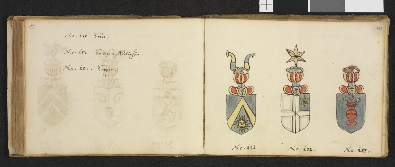 Illustration from a private archive in the National Library titled Insignia Quædam Virorum Illustrium in Norvegia Quodam Habitantium by Iver Nielssøn Hirtzholm by Iver Hirtzholm
