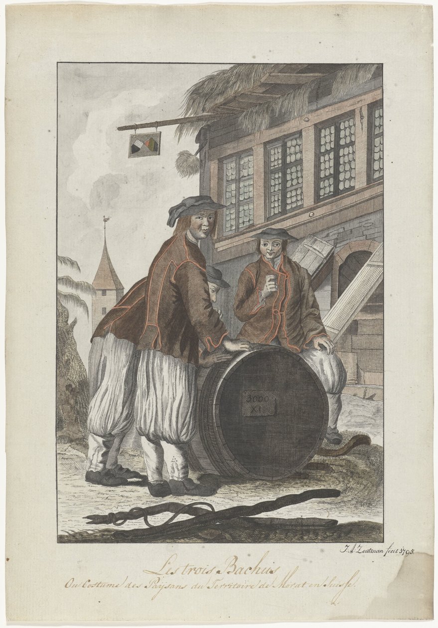 Three Men in Swiss Clothing in Front of a House by J.A. Zoutman