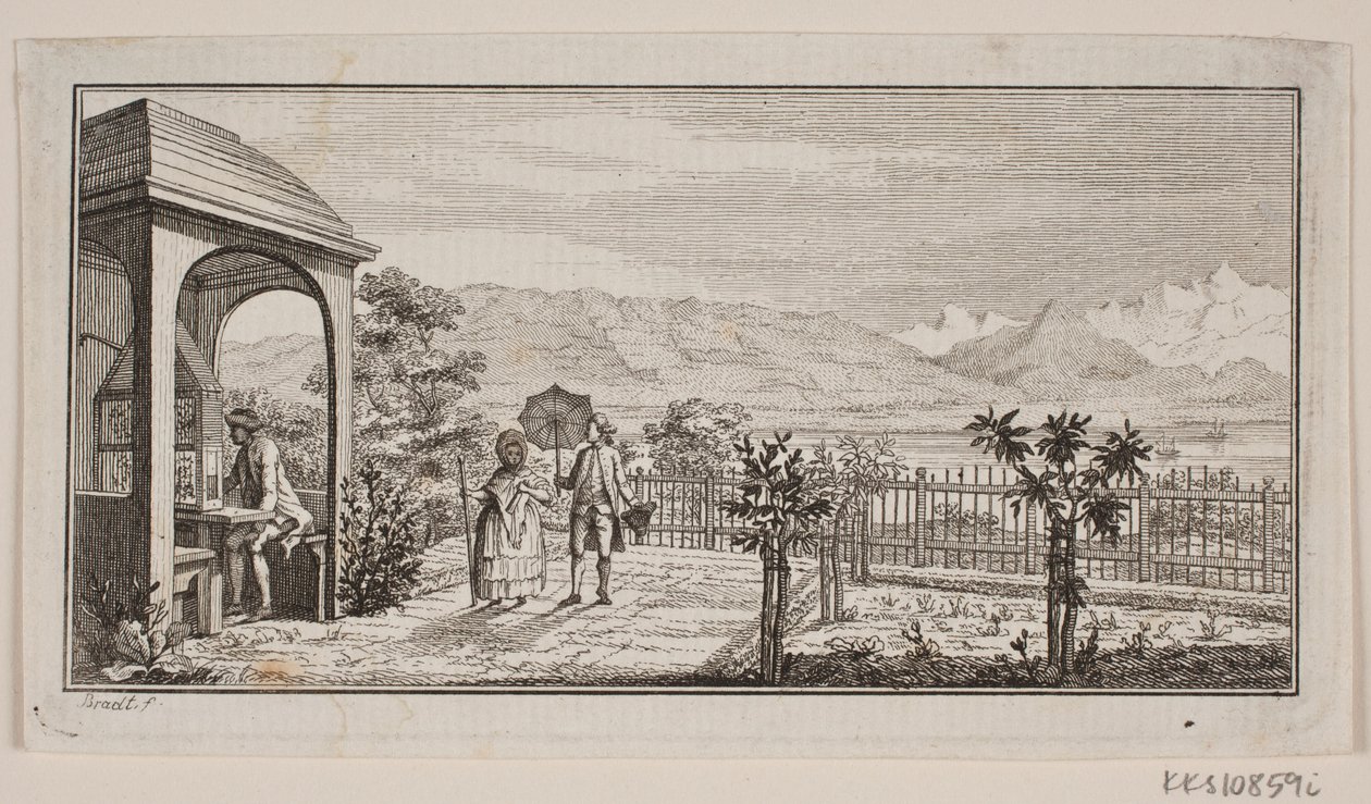 A Garden Terrace in Genthod with a Walking Couple by J.F. Clemens
