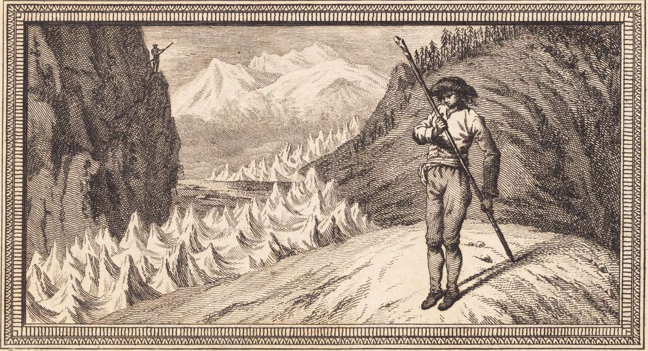 A man on a snowfield leaning on a long staff by J.F. Clemens