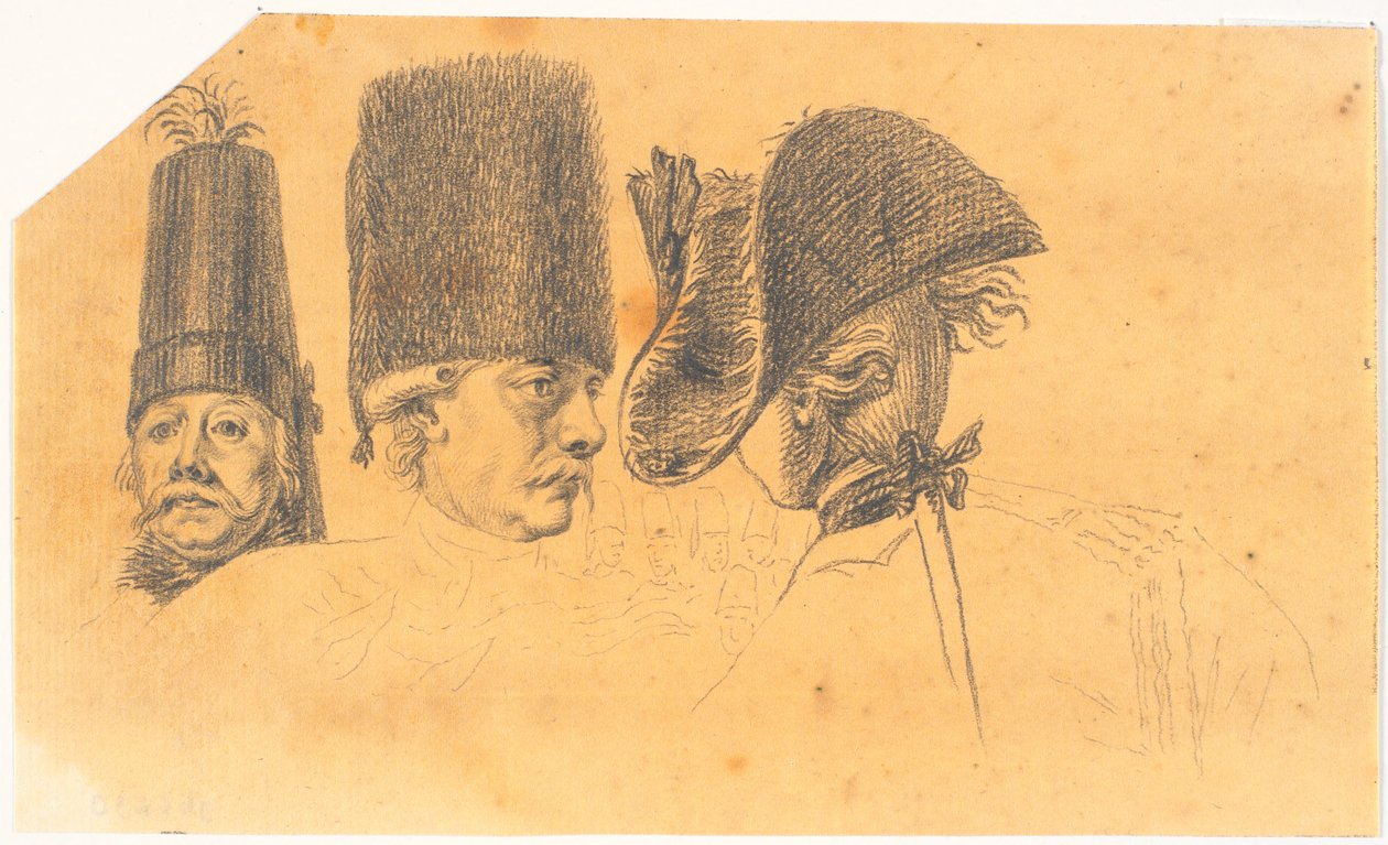 Preparatory work for three of the heads for the engraving: Frederick the Great rides home after a review at Potsdam by J.F. Clemens