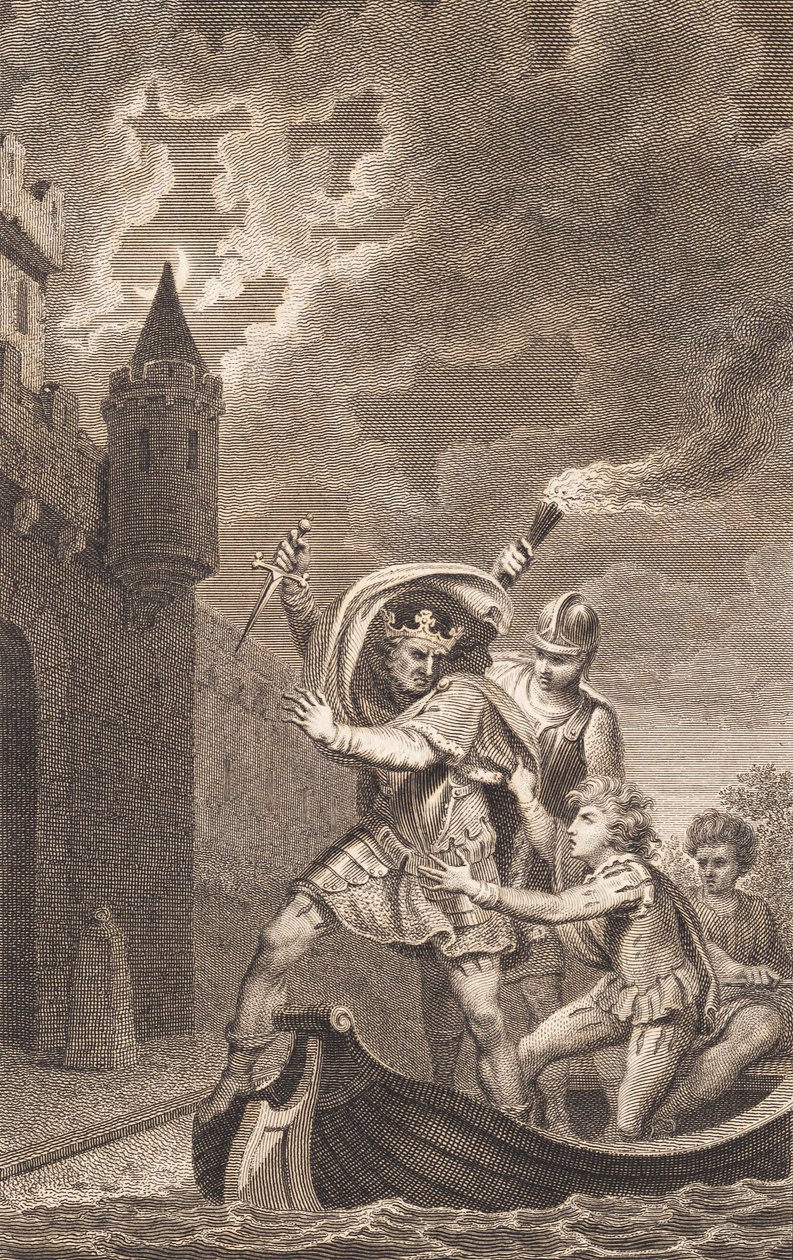 Illustration. A King with a Raised Dagger and Three People in a Boat by J.F. Clemens