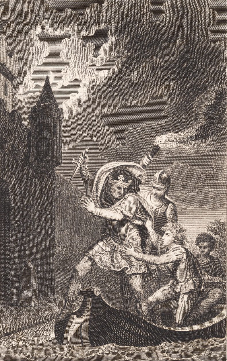 Illustration. A King with a Raised Dagger and Three People in a Boat by J.F. Clemens