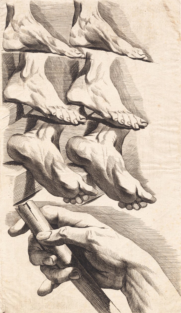 Study Sheet of Feet and a Hand Holding a Staff by J.F. Clemens