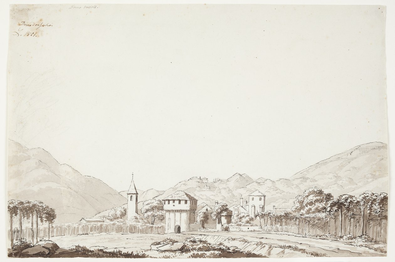 Landscape from Domodossola in Switzerland with Church and Watchtower by J.L. Lund