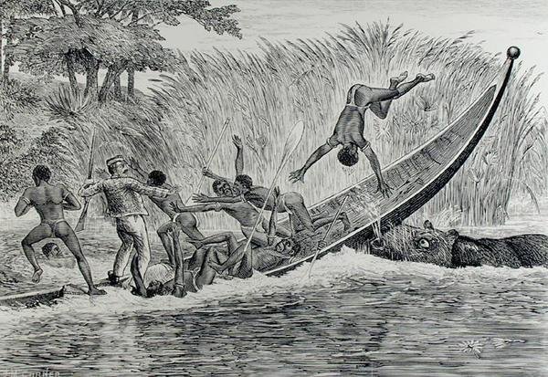 Enraged Hippopotamus Upsetting a Boat by J.M. Corner