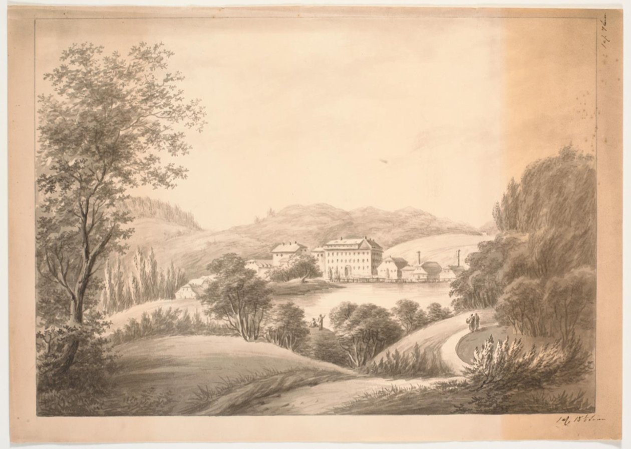 Several Adjacent Buildings, Including a Main Building and Smaller Houses with Chimneys, by a Stream or Lake, Surrounded by Trees and Hills by J.P. Møller