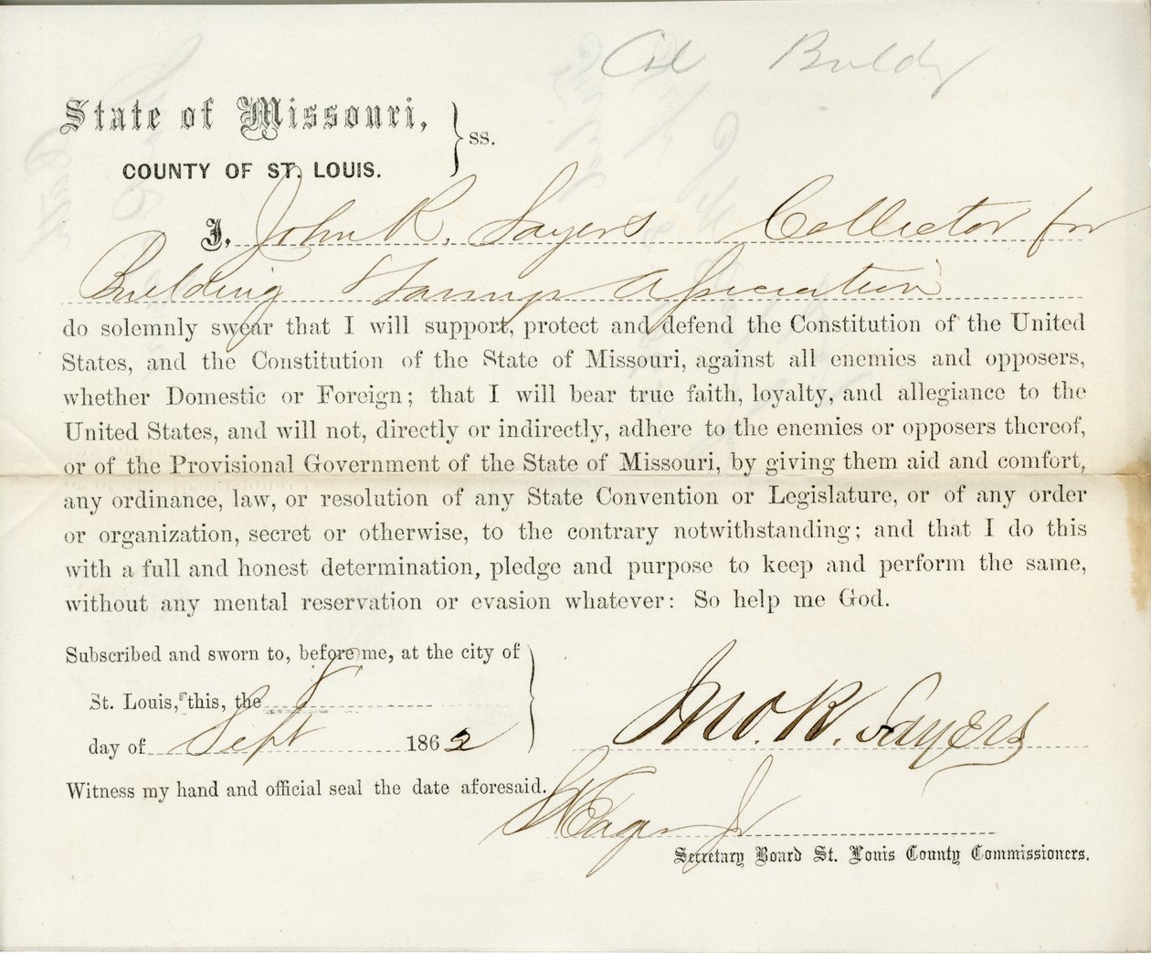 Loyalty oath of John R. Sayers of Missouri, County of St. Louis by J.R. Sayers