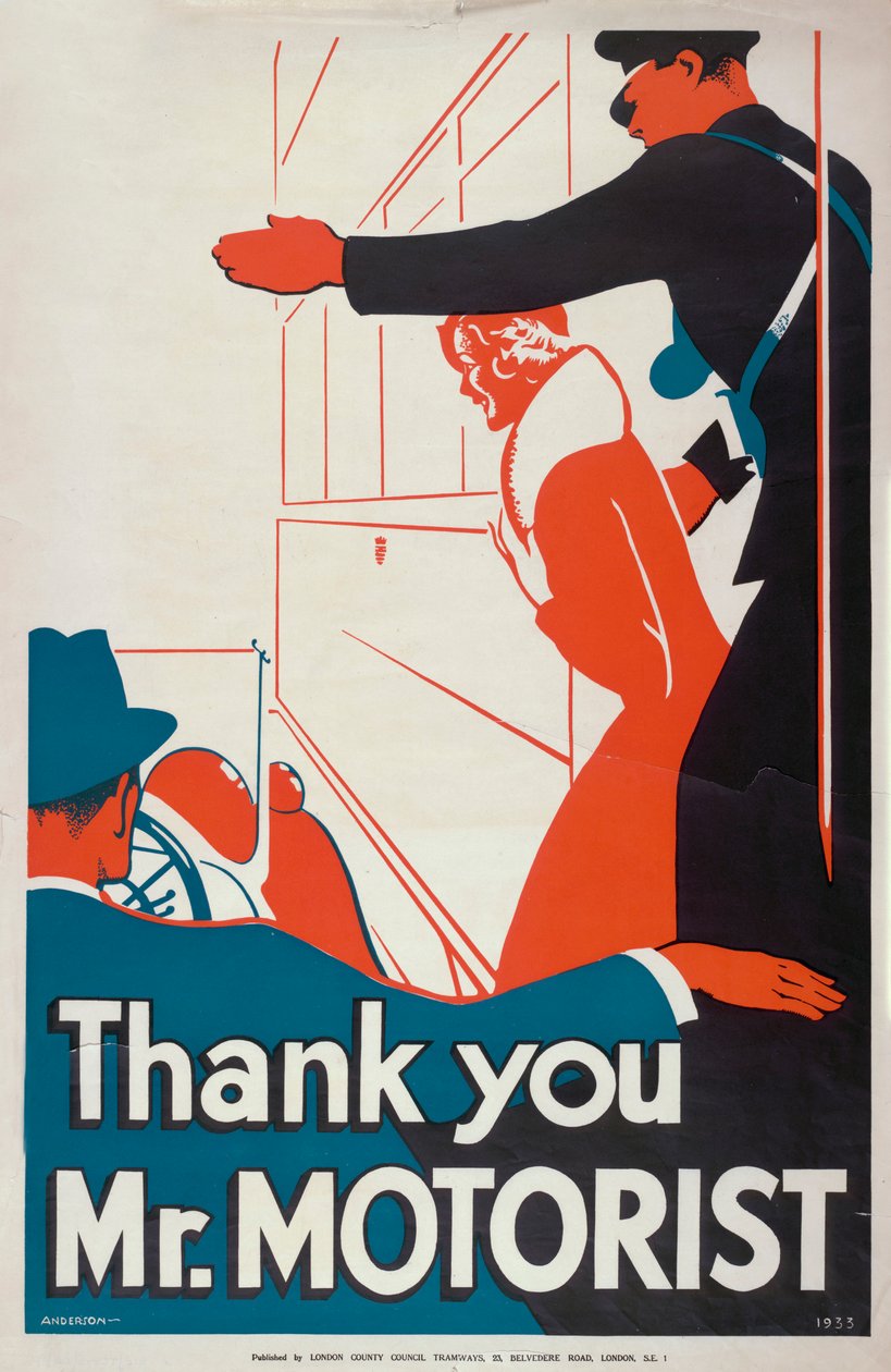 Thank You Mr Motorist, London County Council LCC Tramways Poster by JS Anderson