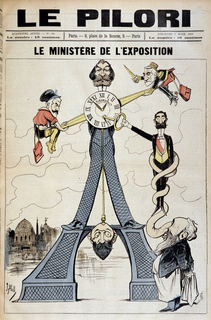 The Minister of Exhibition (cartoon on financial scandals at the end of the 19th century and the Eiffel Tower). Illustration by J. Blass (Albert Douat) (1847-1892). Cover of “Le Pilori” of March 3 by J.  Blass