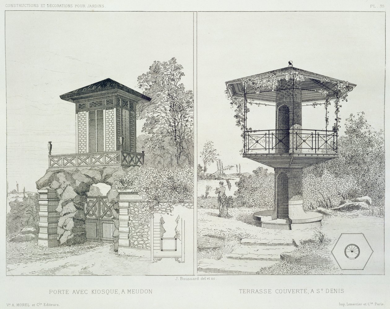 Portal with kiosk, Meudon, and covered terrace, St. Denis, from a volume of designs by various architects, pub. Morel & Cie, Paris, c.1880 by J. Boussard