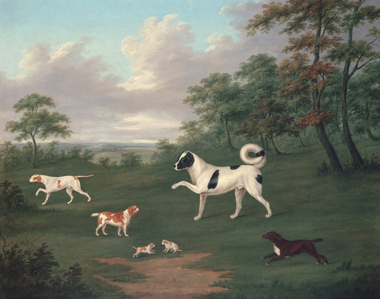 Sporting dogs in a landscape by J. Francis Sartorius