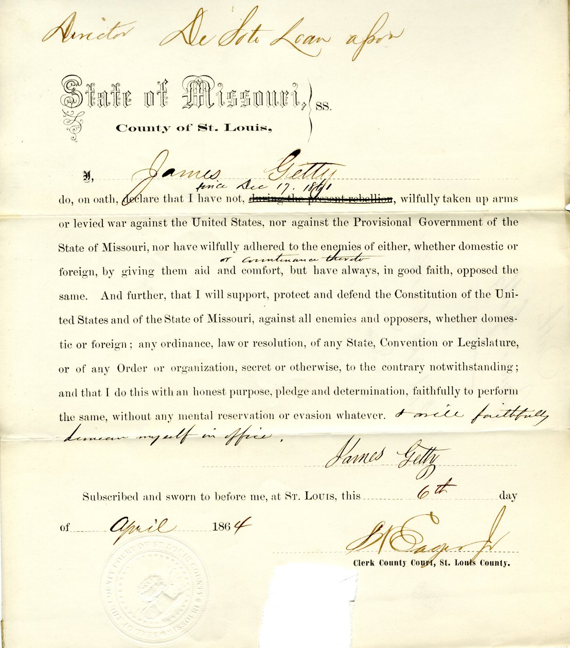 Loyalty oath of James Getty of Missouri, County of St. Louis by J. Getty