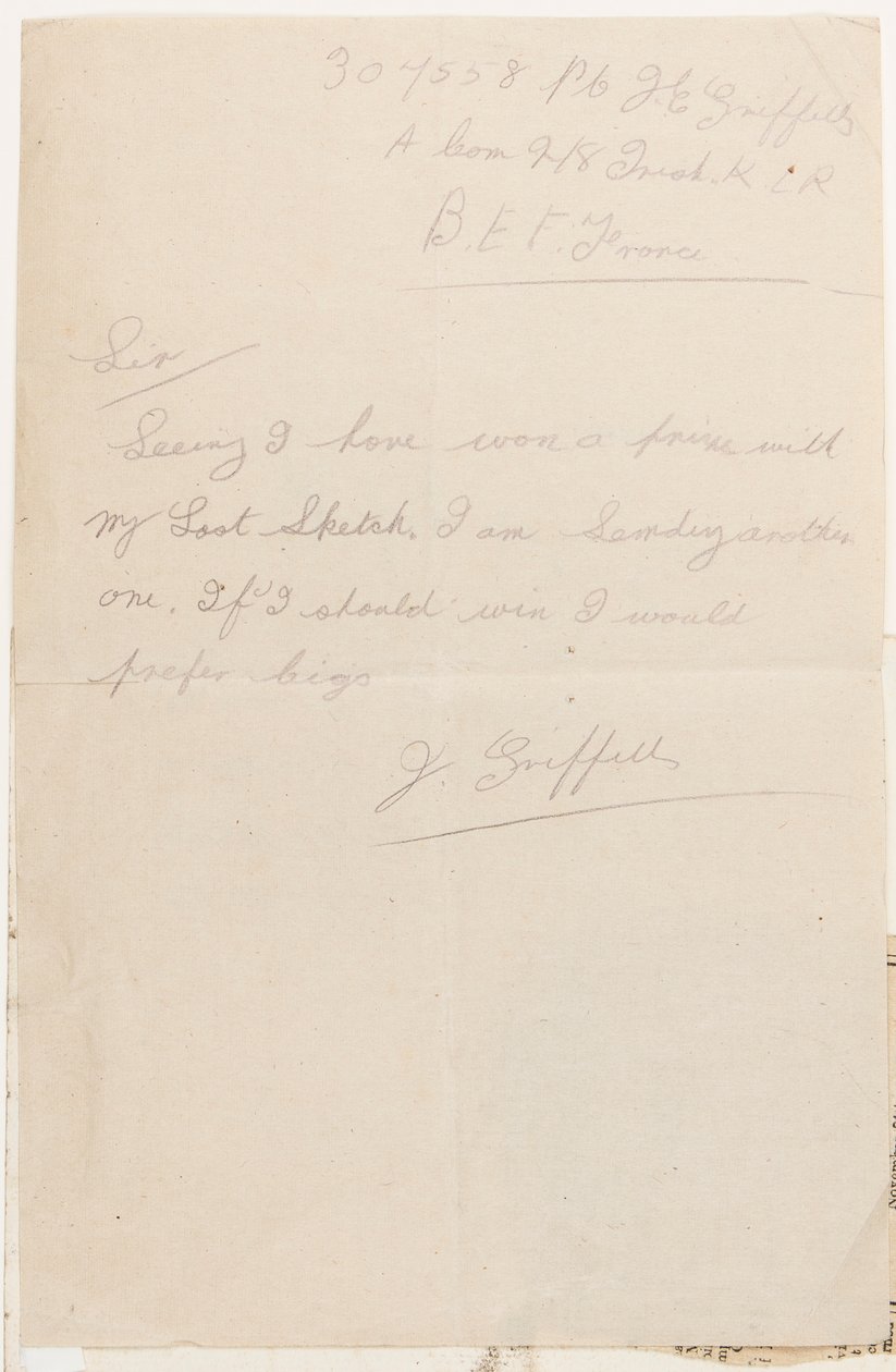 Letter to the Competition Editor of the Liverpool Weekly Courier, 1917 by J. Griffiths
