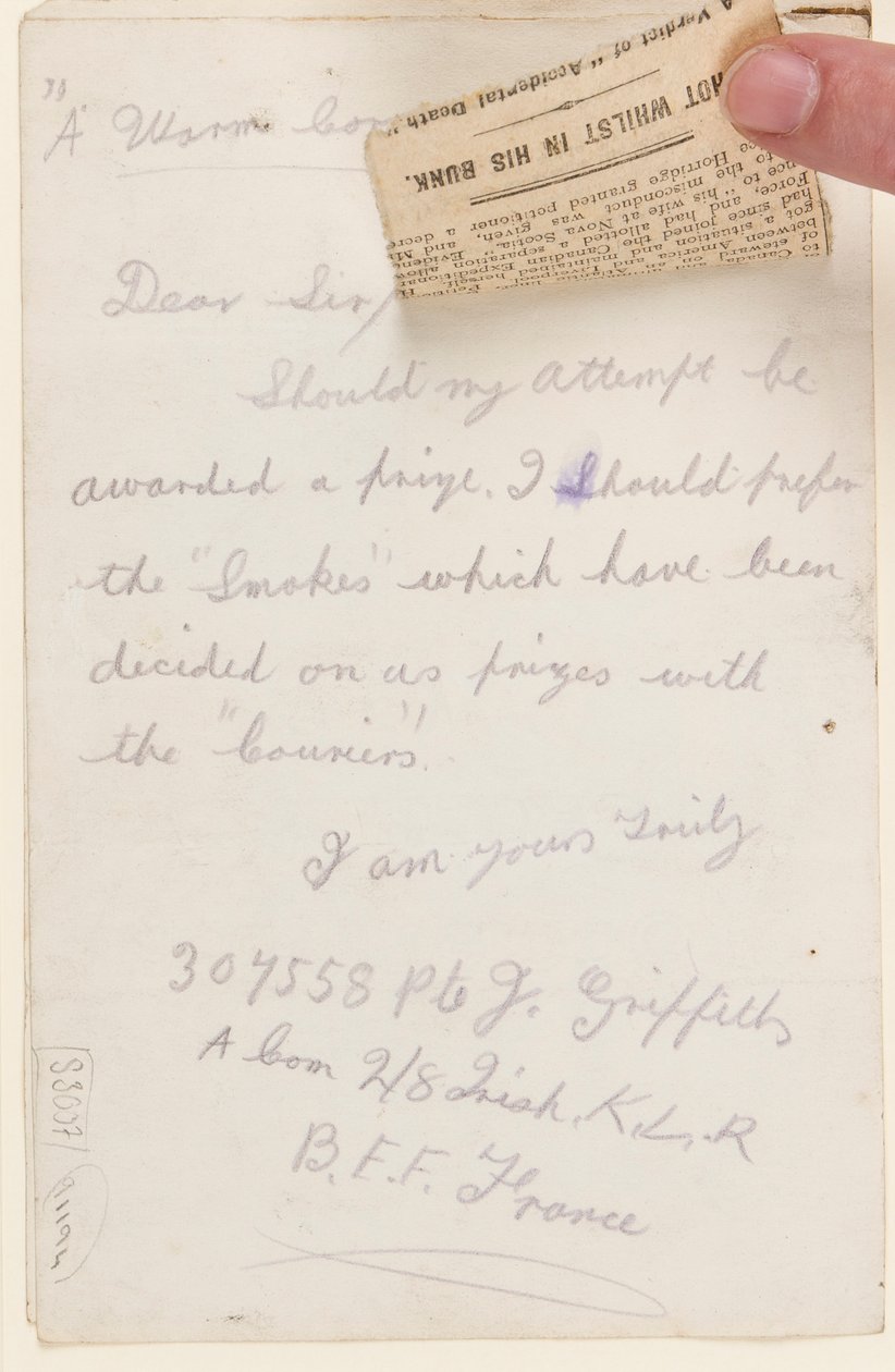 Letter to the Competition Editor of the Liverpool Weekly Courier, 1917 by J. Griffiths