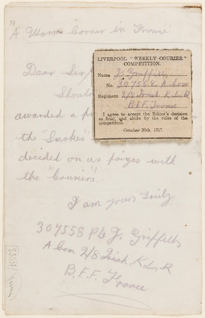 Letter to the Competition Editor of the Liverpool Weekly Courier, 1917 by J. Griffiths
