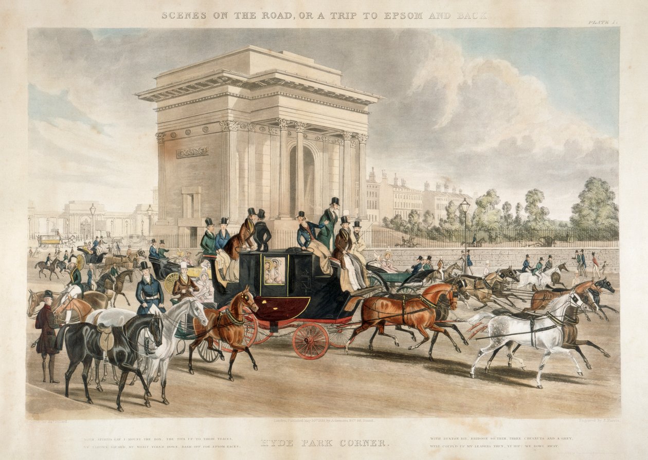 Horse Drawn Carriages along Hyde Park Corner, London by J Harris