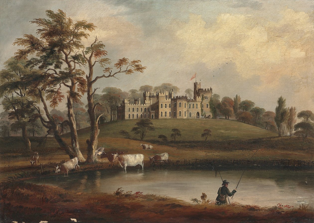 A View of Hornby Castle, Yorkshire, with an Angler and Cattle on the Banks of the River Wenning by J. Miller