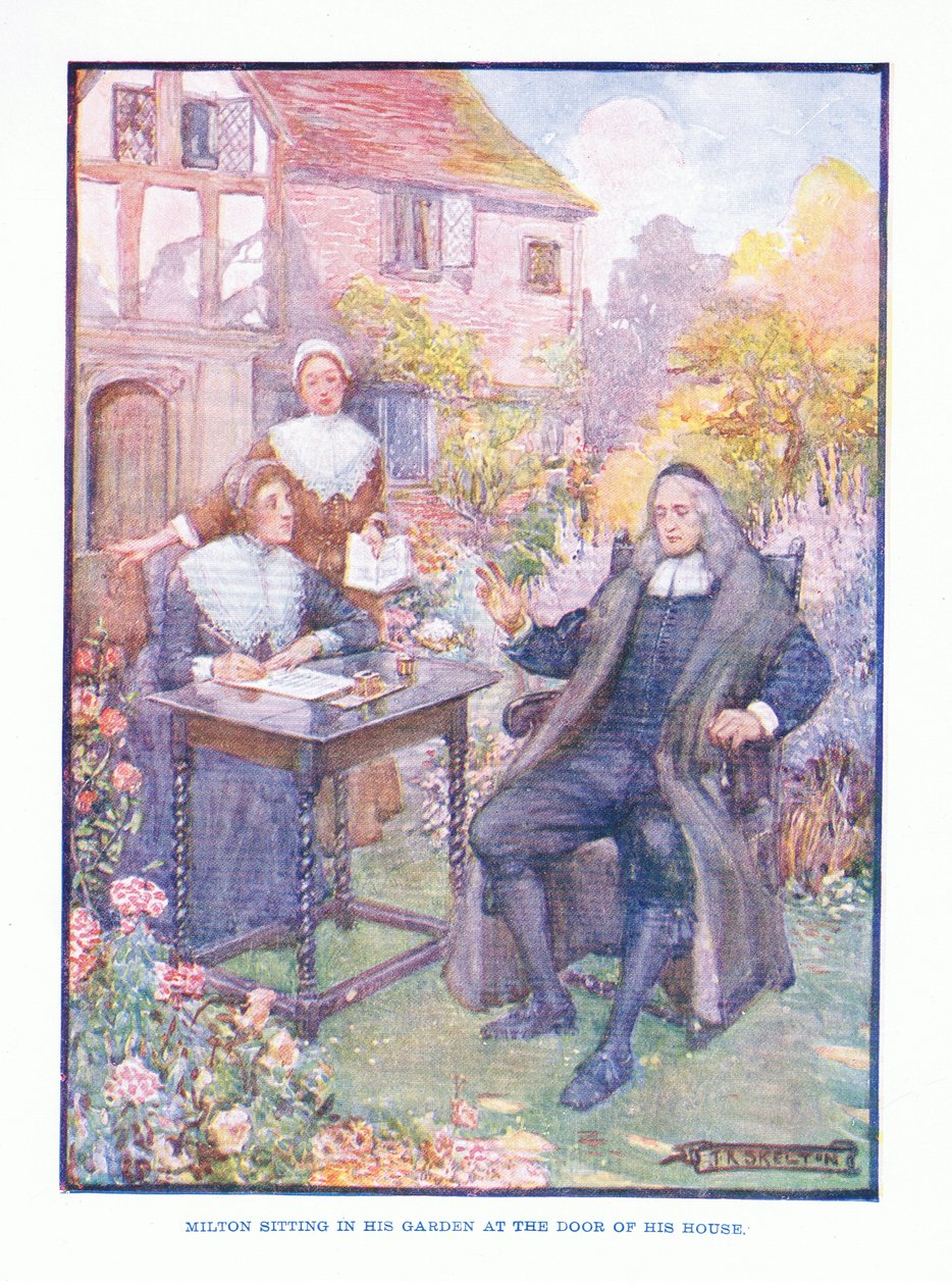 Milton sitting in his garden at the door of his house, from English Literature published by T C & EC Jack, c.1920 by J. R. Skelton