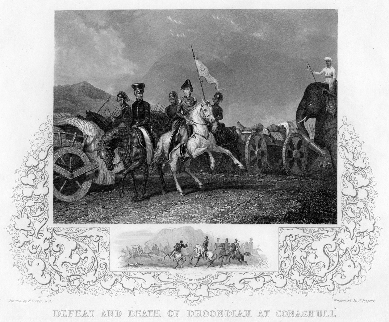 銅版画 A. Cooper 作 Death of Dhoondiah Defeat and Death of Dhoondiah at Conaghull, 1800