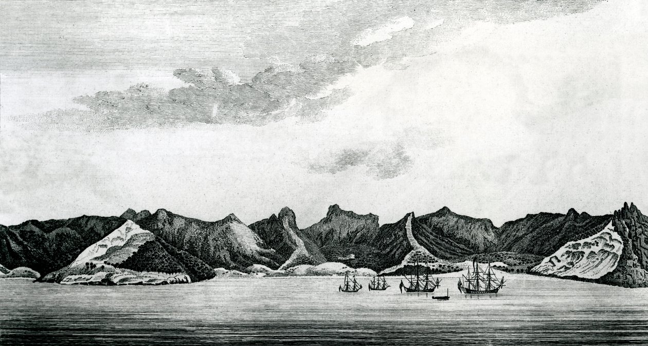 A view of Cumberland Bay at the island of Juan Fernandes, c.1745 (engraving) by J. S. Mason