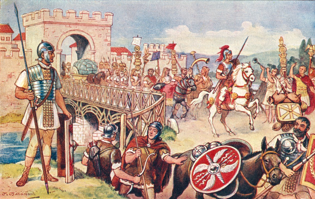 The Roman Empire - a column of soldiers advancing over a bridge by J. Williamson