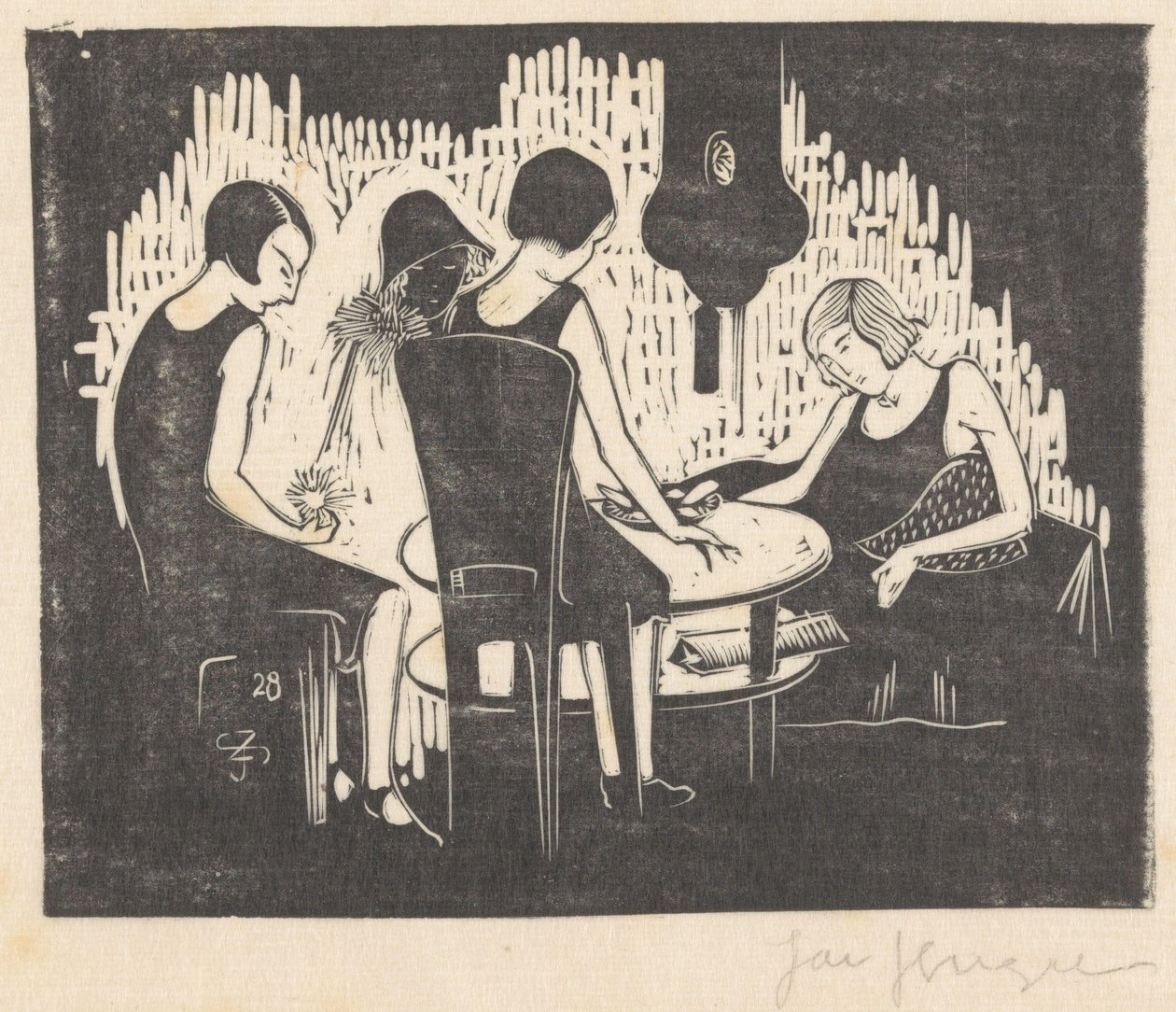 Four Women Sitting at a Table by Jac Jongert (signed by artist)