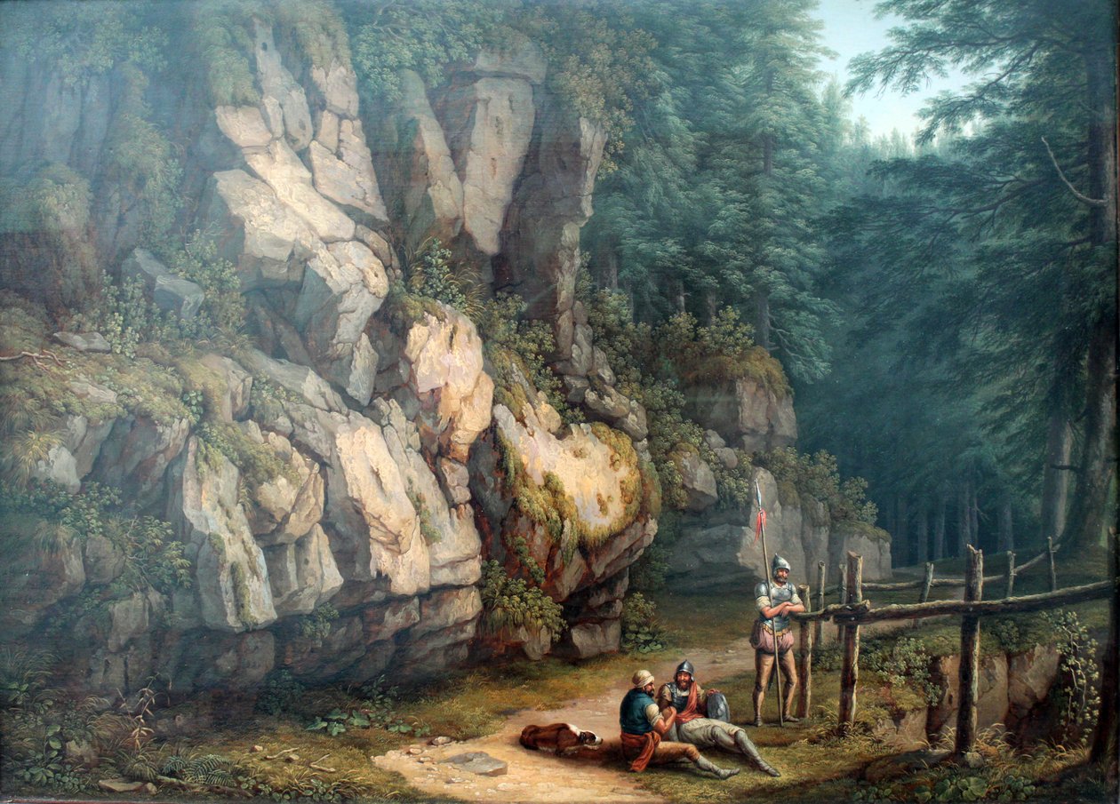 Two Warriors in a Landscape of Trees and Rocks by Jacob Philippe Hackert