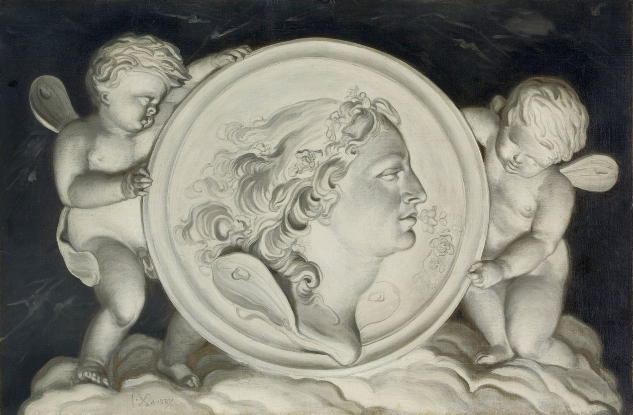 Zephyr in a painted roundel supported by putti floating on clouds by Jacob Xavery