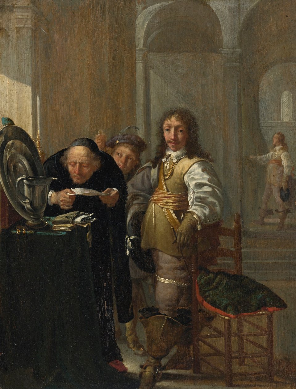 A Cavalier Selling His Goods, with an Old Man Reading a Document and a Young Boy Holding a Coin by Jacob Duck