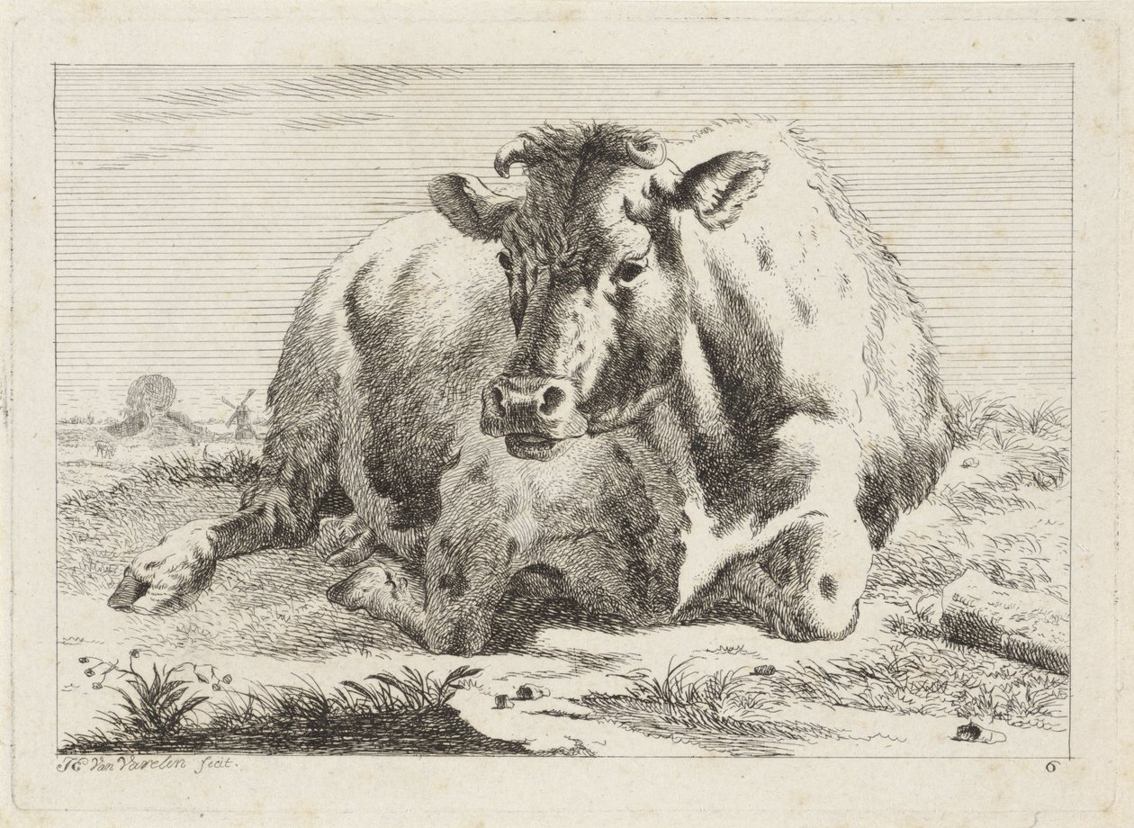 Lying Cow (Six Prints after Drawings by Various Masters) by Jacob Elias van Varelen