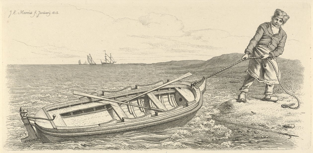 Man Pulling His Rowboat Ashore (Study Prints) by Jacob Ernst Marcus