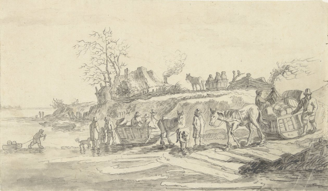 Sledding by the shore of a frozen river by Jacob Ernst Marcus