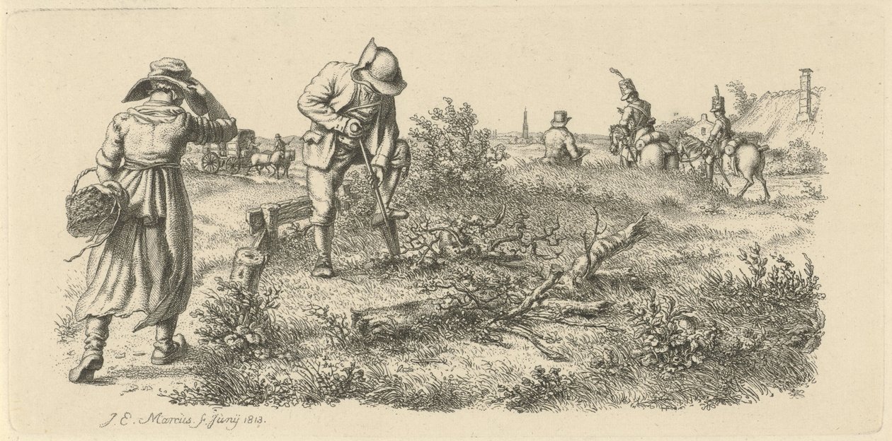 Man Digging, a Woman with a Basket and Soldiers on Horseback (series title: Study Prints) by Jacob Ernst Marcus