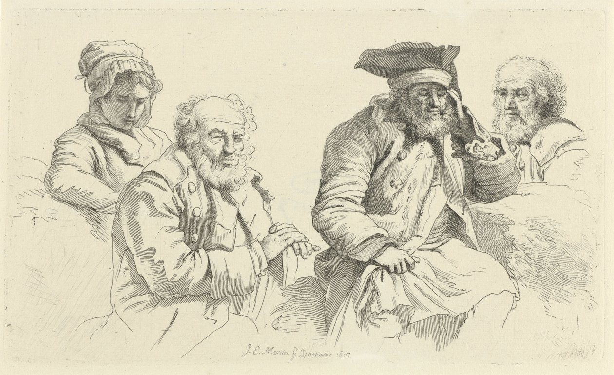 Study Sheet with Three Old Men and a Young Woman (Study Prints) by Jacob Ernst Marcus