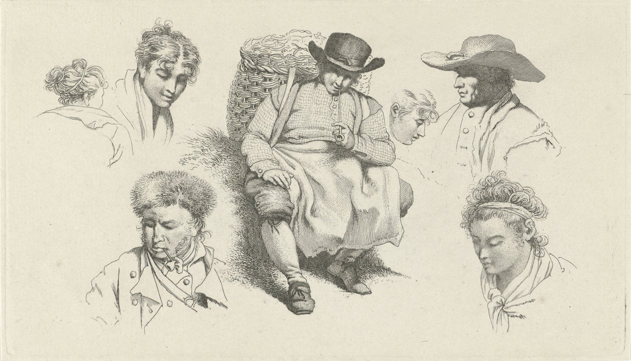 Study Sheet with Figures and a Resting Fishmonger with Pipe (Studie-prentwerk / Etudes gravées) by Jacob Ernst Marcus