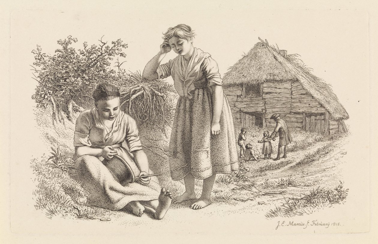 Two Women and a Man with Children in Front of a Barn (series title: Study Prints) by Jacob Ernst Marcus