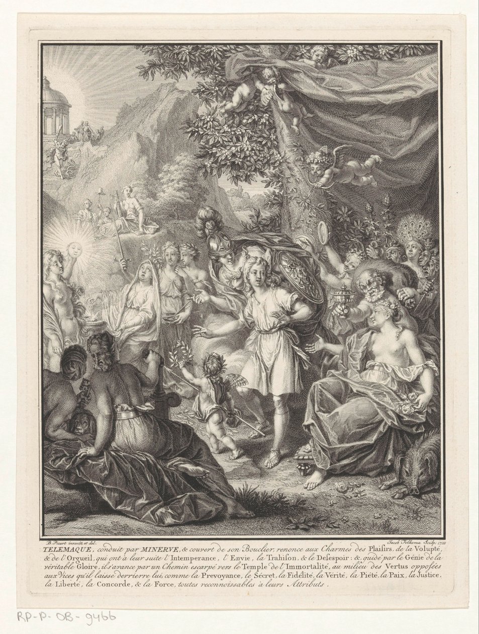 Allegorical Representation with Telemachus and Minerva (title page for: François de Fénelon, Les avantures de Telemaque, 1734) by Jacob Folkema