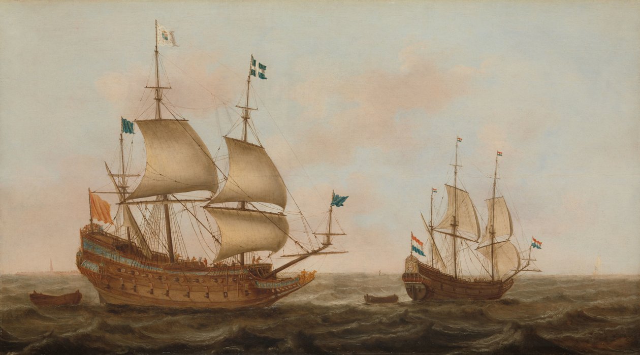 A Warship Built for France and a Dutch Yacht Under Sail by Jacob Gerritz Loef