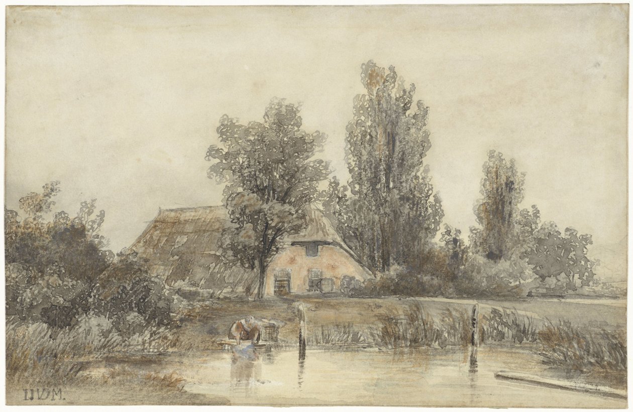Farmhouse and a Washing Woman by Jacob Jan van der Maaten