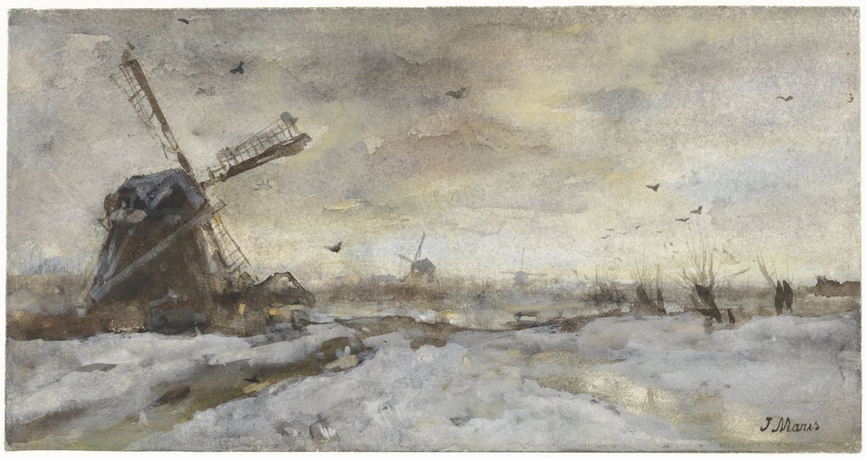 Landscape with Mill in the Snow by Jacob Maris
