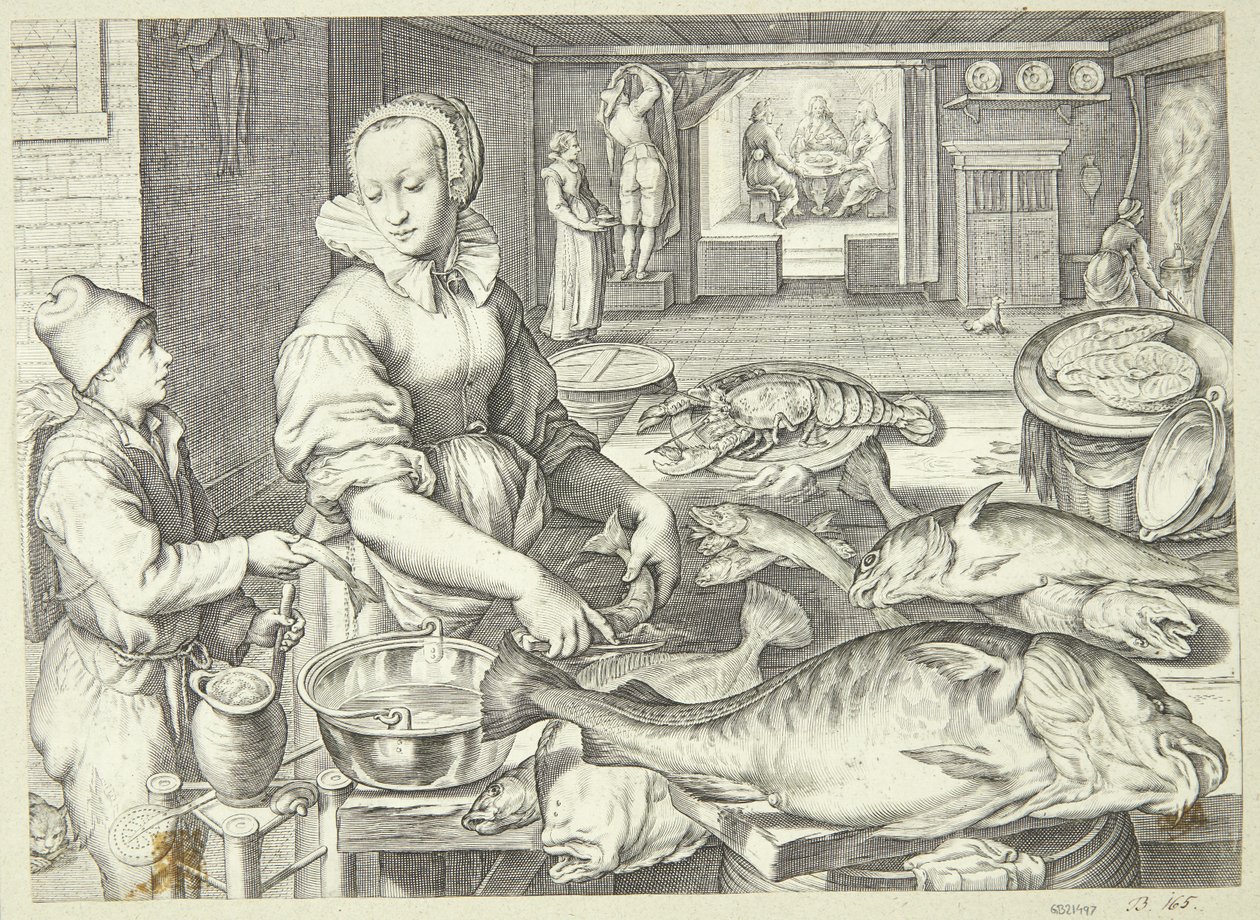 Kitchen Scene with a Cook Cleaning Fish by Jacob Matham