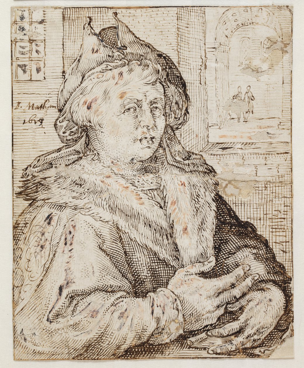 Portrait of a man with a cap and fur-trimmed cloak, facing right. Top right through a window opening view to other rooms by Jacob Matham