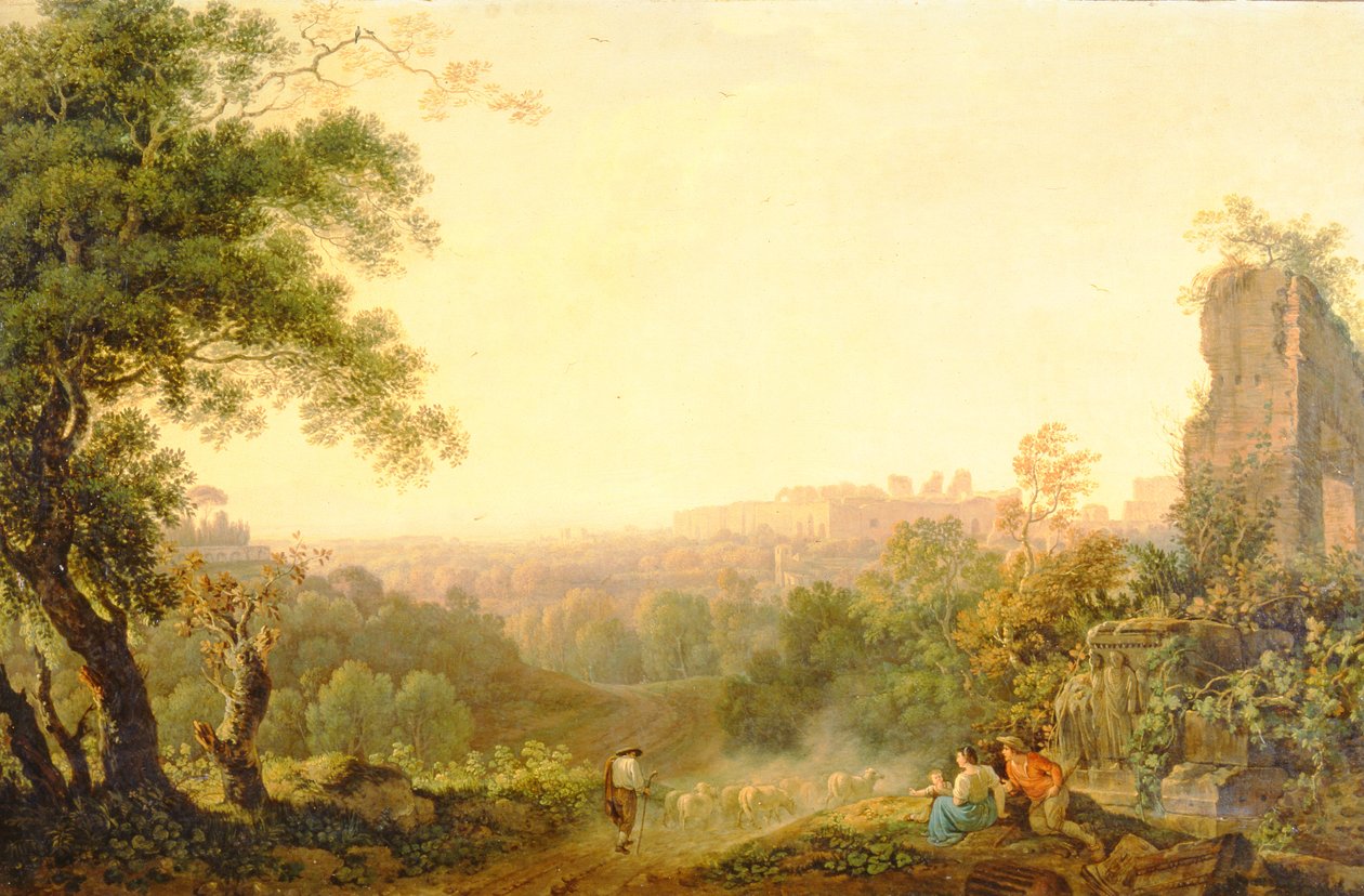 A view of Rome with peasants and ruins by Jacob Philippe Hackert