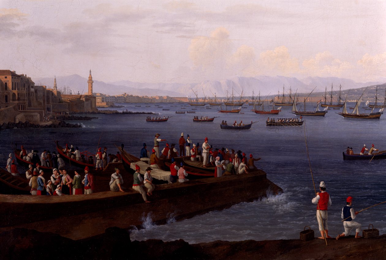 The Bay of Naples near Santa Lucia Showing the Naval Fleets Returning from Algiers by Jacob Philippe Hackert