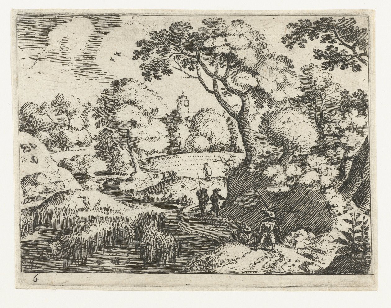 Landscape with Traveler and Soldiers (series title: Six Landscapes with Travelers) by Jacob Savery (I)