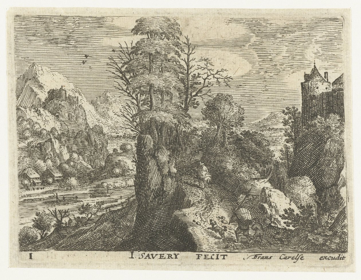 Landscape with Travelers on a Steep Rock (series title: Six Landscapes with Travelers) by Jacob Savery (I)